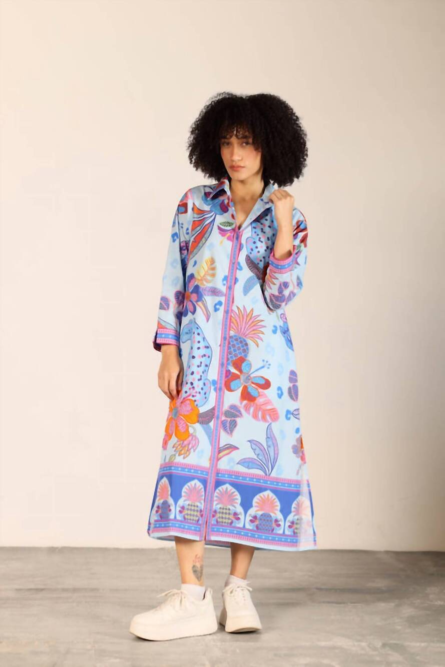 NEW MAUDE VIVANTE eliza poplin button down midi dress in azure safari print